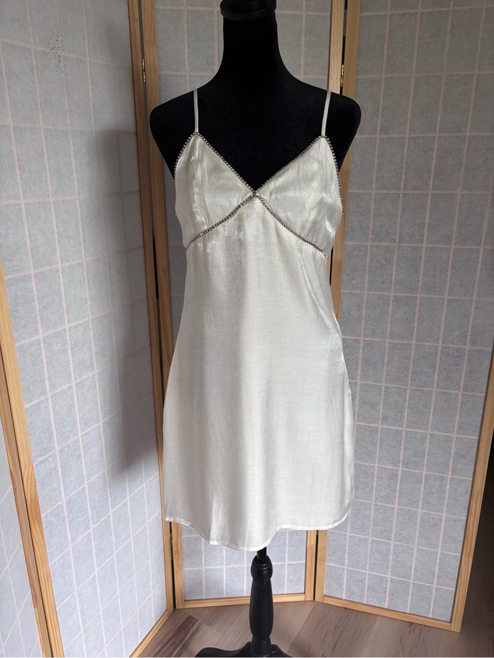 Ivory Satin Slip Mini Dress with Delicate Trim